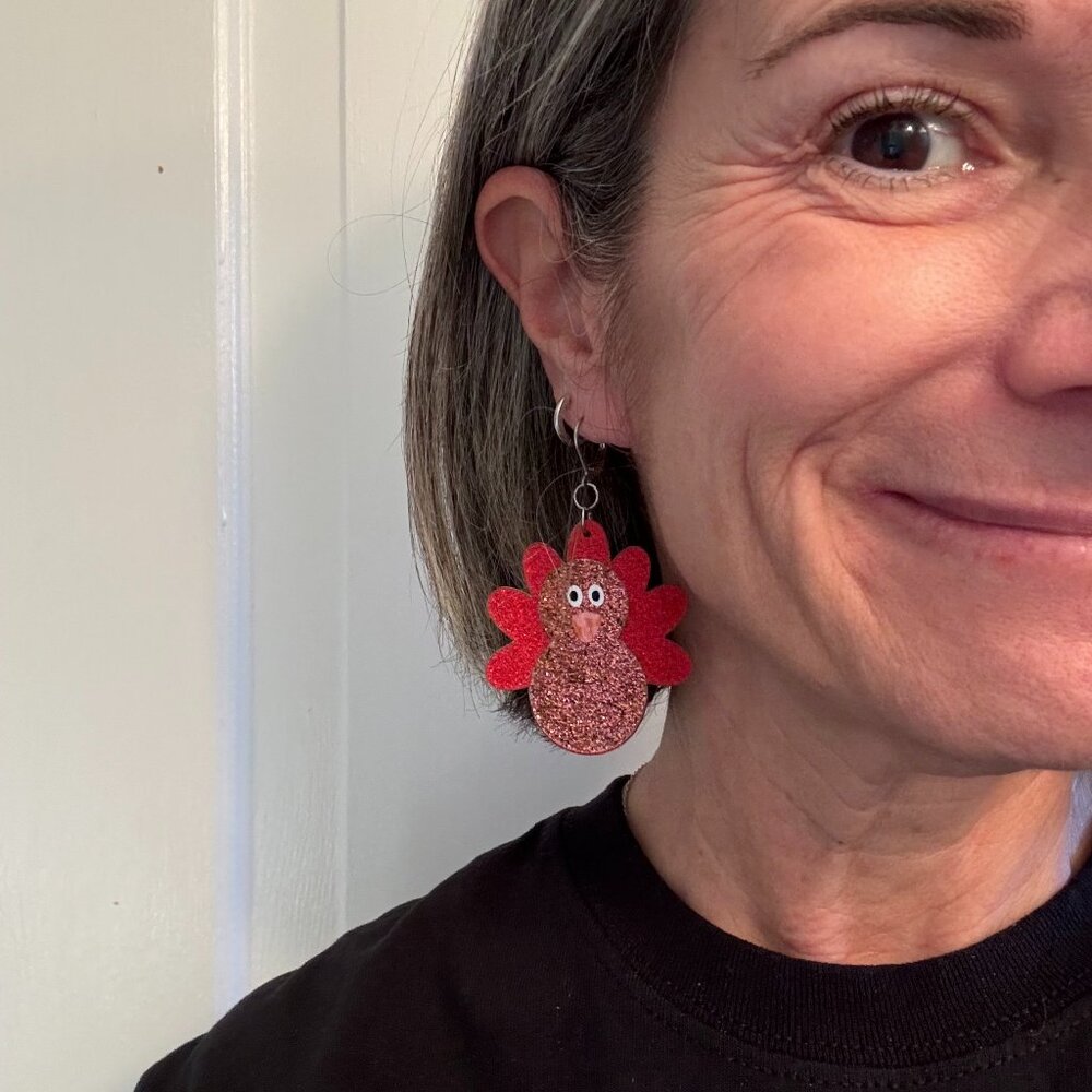 Handcrafted Festive, JUMBO Glittery Turkey Earrings - Celebrate in Style!